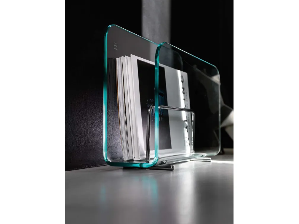 Portariviste in vetro trasparente curvato con appoggi in acciaio cromato Vogue di Fiam