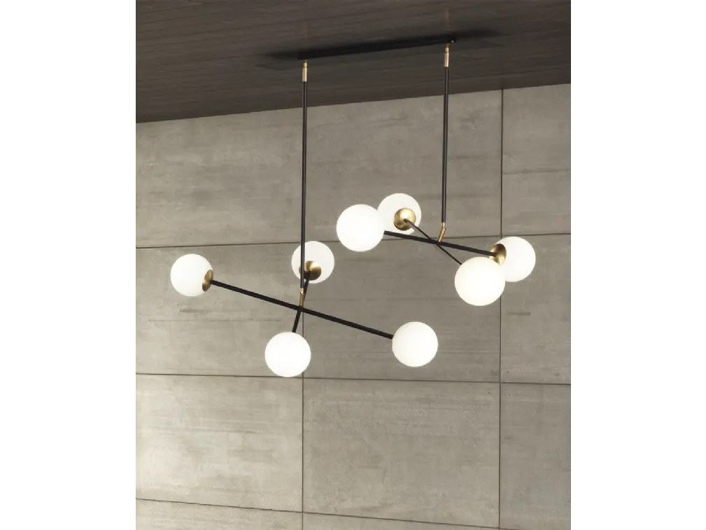 Lampada a sospensione Meridian S8 in metallo con 8 globi in vetro bianco satinato di Riflessi