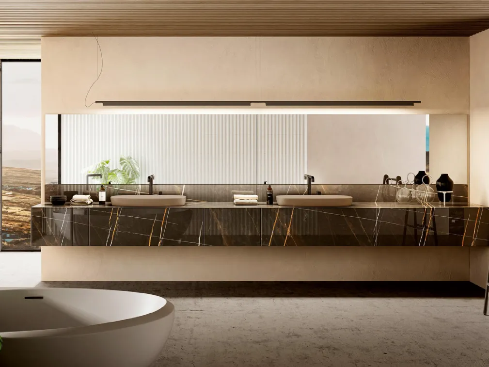 Mobile da Bagno sospeso 36e8 04 in vetro finitura effetto marmo con Doppio Lavabo di Lago