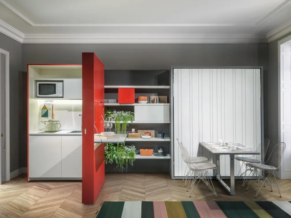 Letto a scomparsa trasformabile chiuso con cucina e tavolo Living 11 Penelope 2 Dining di Clei