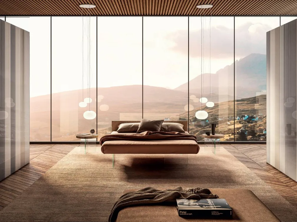 Letto Air 1501 in tessuto imbottito con base in vetro di Lago
