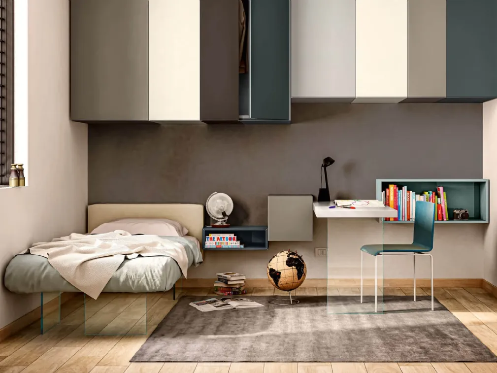 Letto Singolo Air con testiera in tessuto imbottito con base in vetro temperato trasparente di Lago