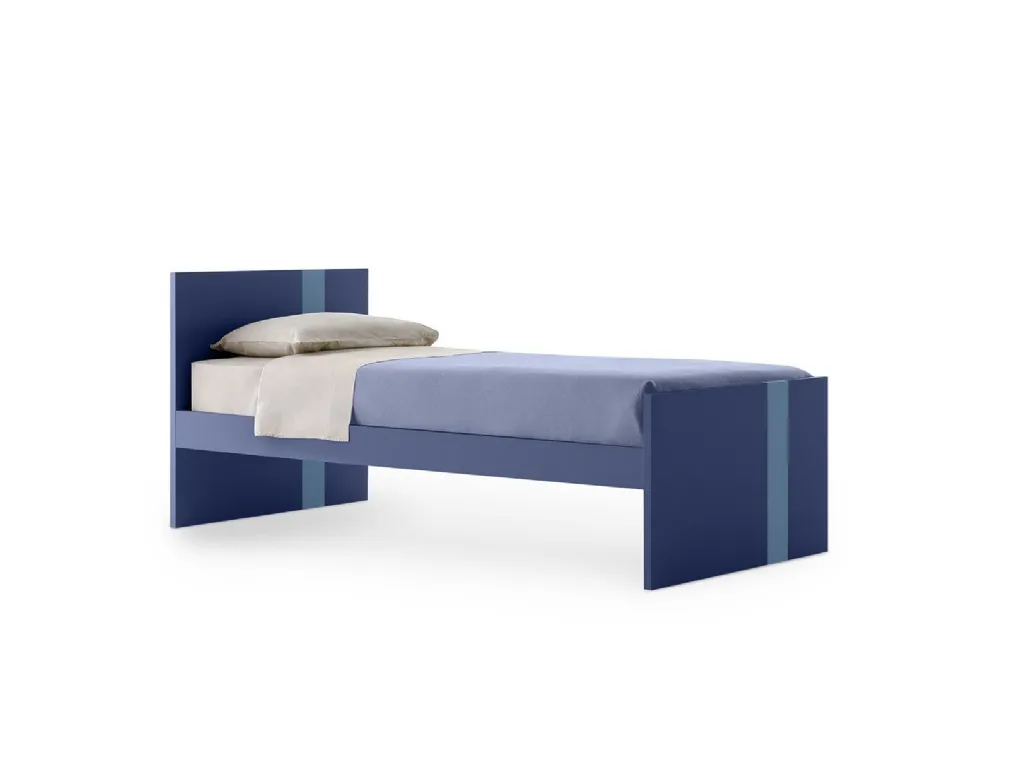 Letto singolo Lila in melaminico Blu con striscia Azzurra sulla testiera e sulla pediera di Nidi