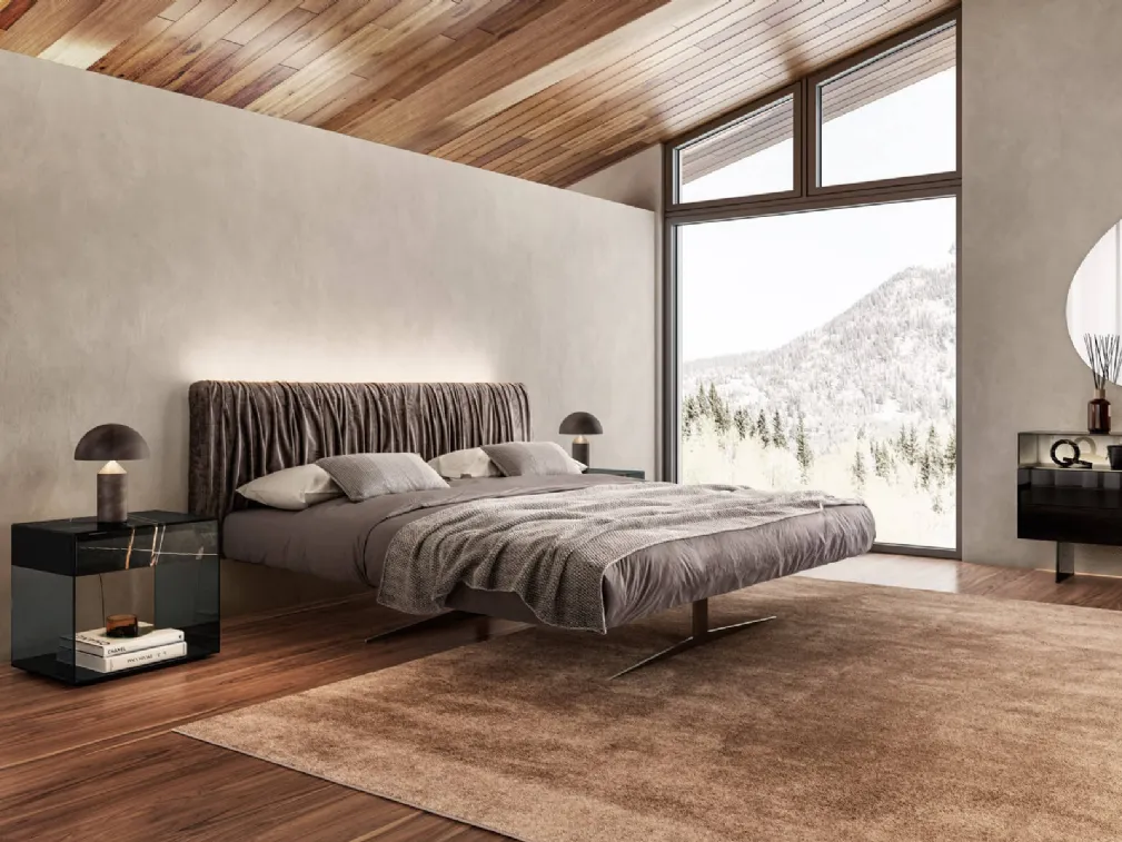 Letto con testiera in velluto arricciato Steel Replis di Lago