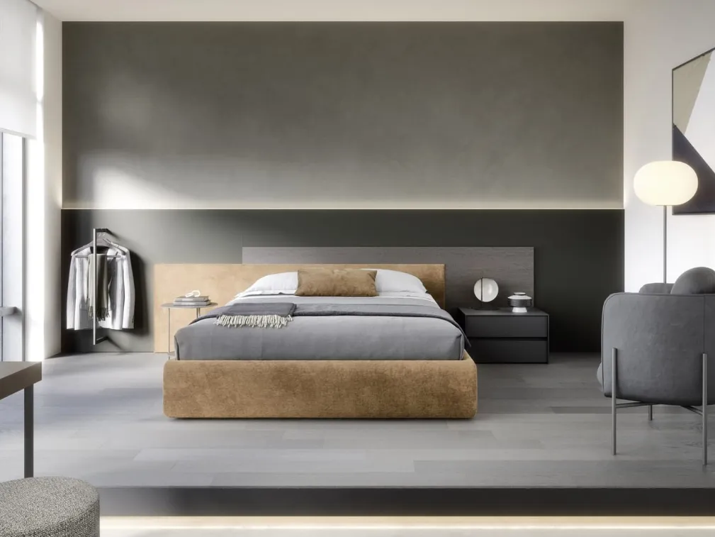 Letto con contenitore Testiera Time in tessuto imbottito e legno di Novamobili
