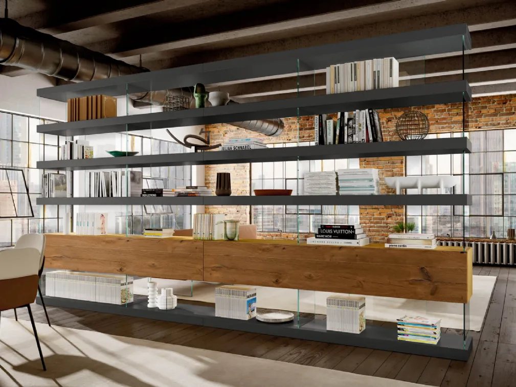 Libreria Air Bifacciale Divisoria in laccato opaco e legno con divisori in vetro di Lago