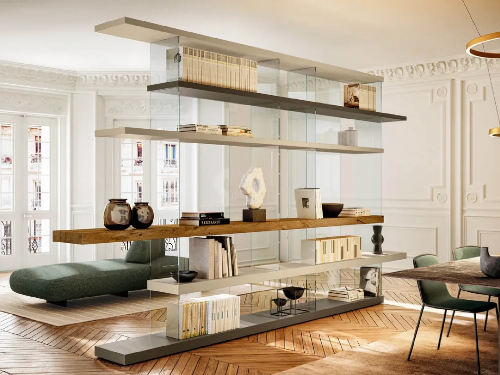Libreria Air Bifacciale Divisoria in laccato opaco e legno con divisori in vetro di Lago