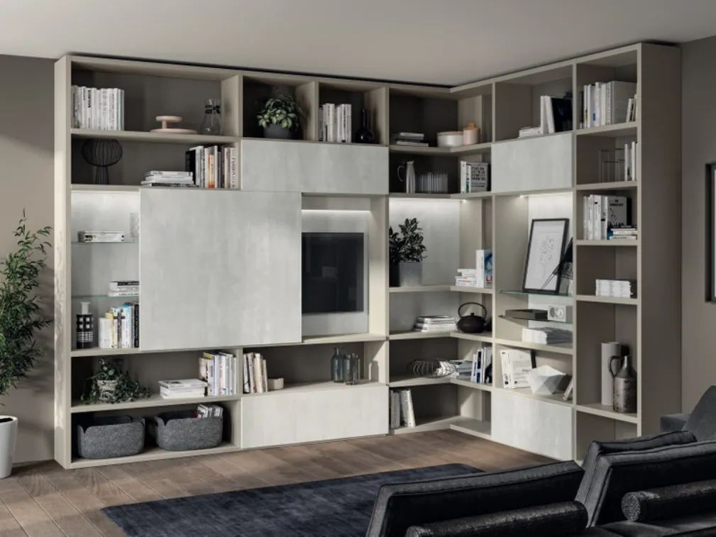Libreria Living Liberamente sistema Metro in decorativo Concrete Jersey di Scavolini