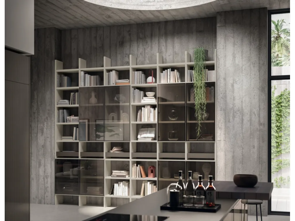 Libreria Living Libra in laccato opaco Grigio Gabbiano e Cuvé di Scavolini