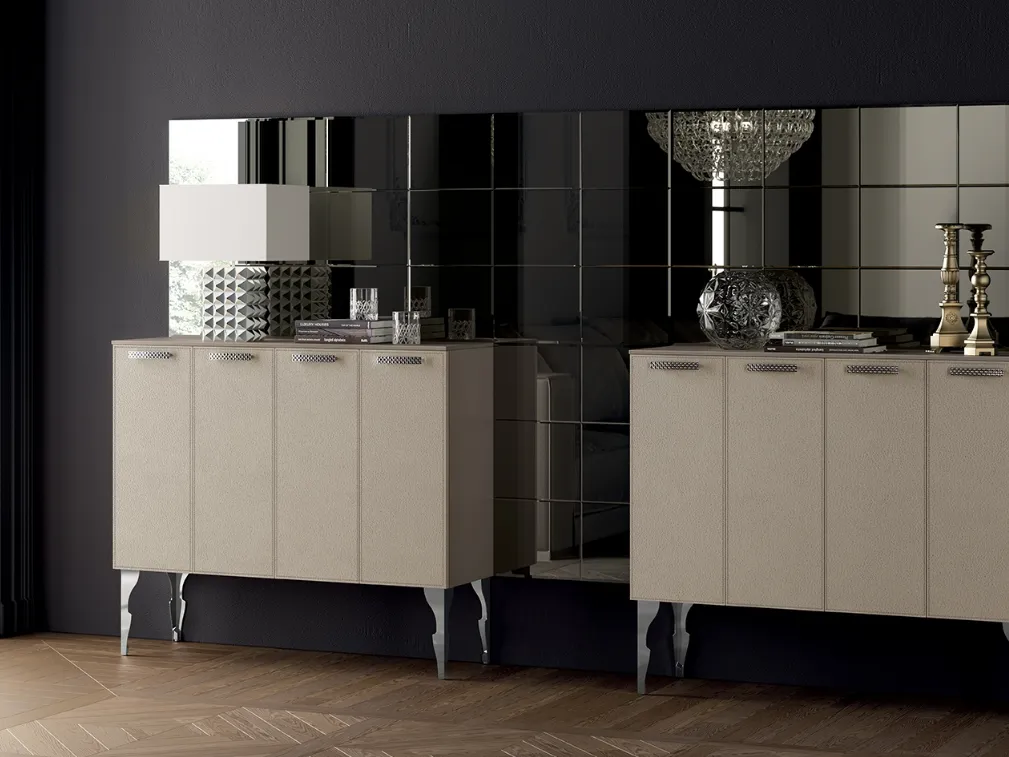 Madia Living Exclusiva alta in Laccato opaco Visone con ante rivestite in pelle di Scavolini