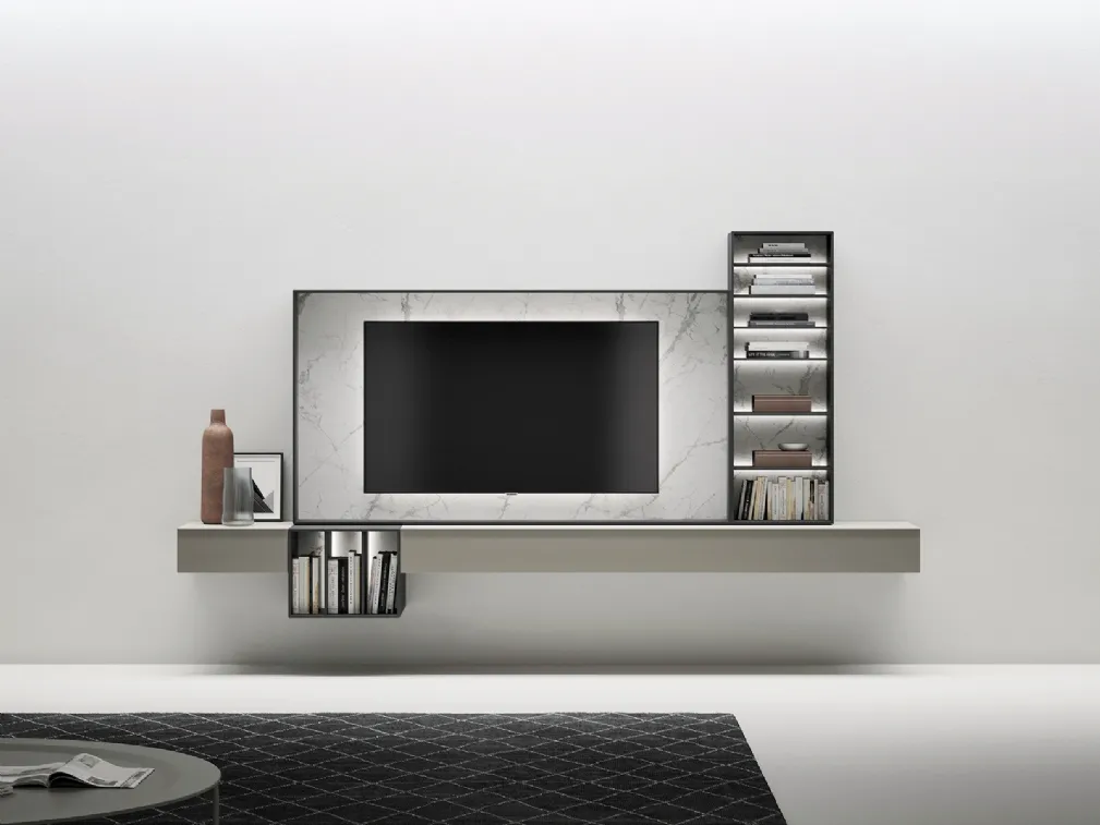 Mobile Porta Tv sospeso in laccato opaco con cornice in gres effetto marmo di Caccaro