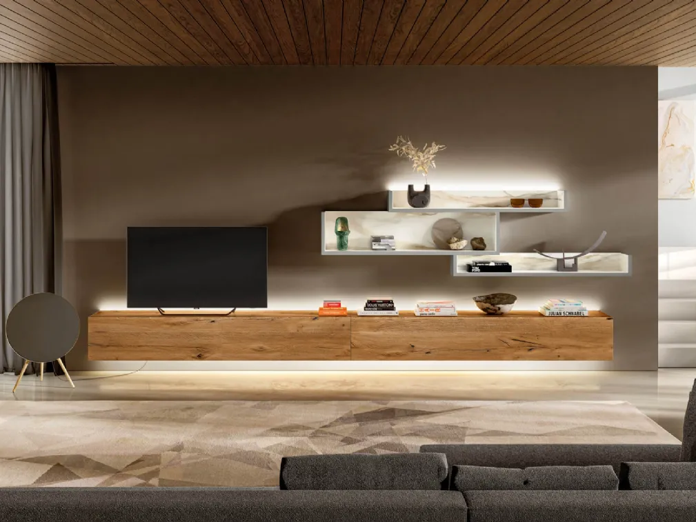 Parete Attrezzata LagoLinea in Legno di Rovere e Marble Glass Bianco di Lago