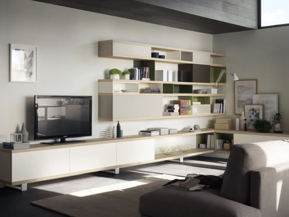 Parete Attrezzata Living Foodshelf in laccato Bianco, Tortora e finitura Frassino di Scavolini