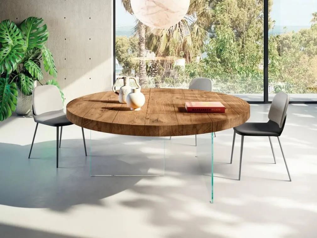 Tavolo Air Wildwood rotondo con top in legno e base in vetro temperato di Lago