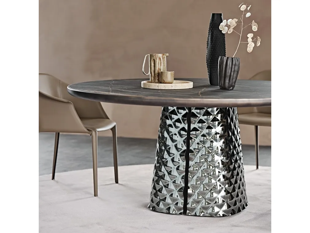 Tavolo con base in cristallo specchiato e piano in ceramica Atrium Keramik Premium Round di Cattelan Italia
