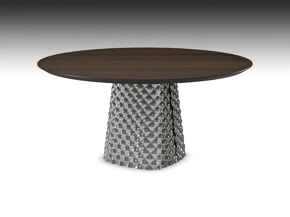 Tavolo con base in cristallo specchiato e piano in legno Atrium Wood Round di Cattelan Italia