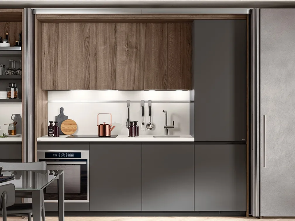 Cucina Moderna Boxi in Grigio Ferro opaco e Noce Garden di Scavolini