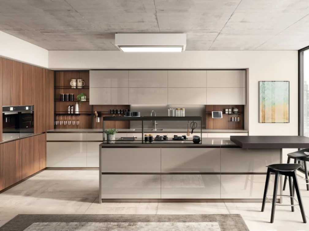 Cucina Moderna Boxi in laccato lucido Visone e Noce Sunset di Scavolini