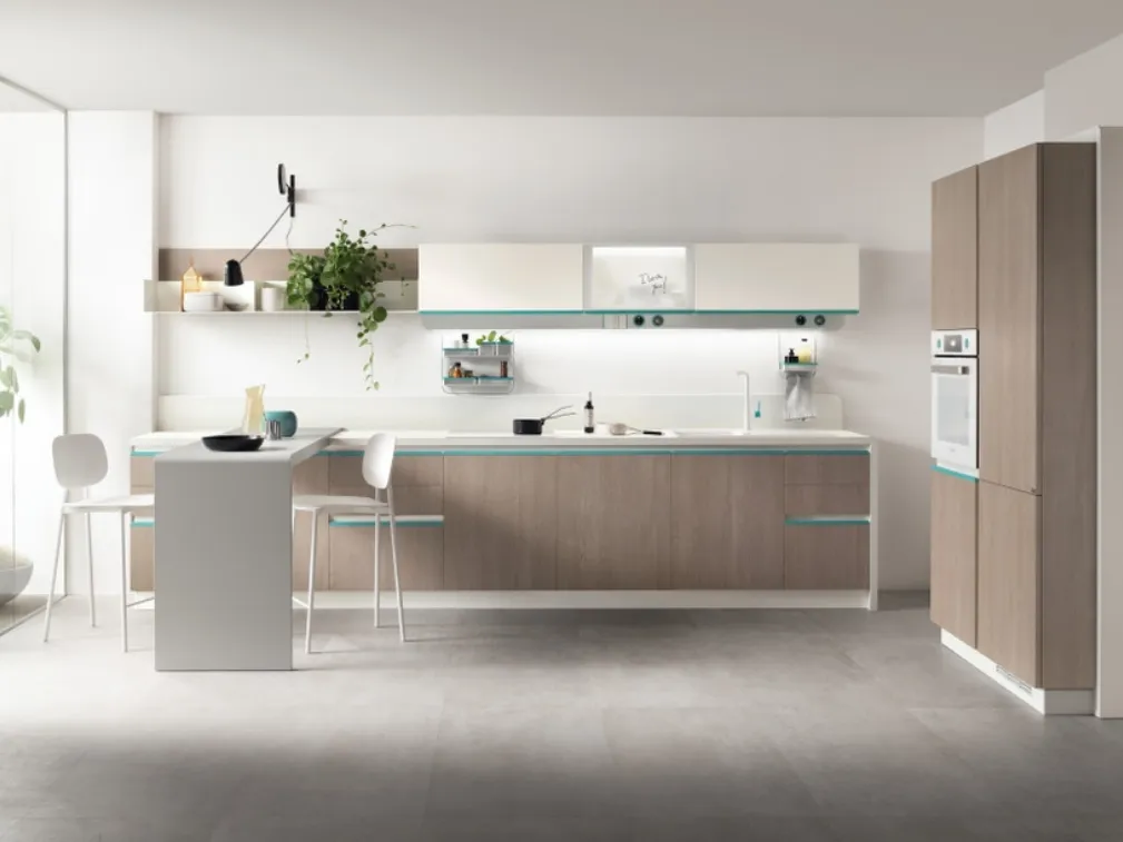 Cucina Moderna Dandy Plus Rovere Gessato con maniglia Blu Agave di Scavolini
