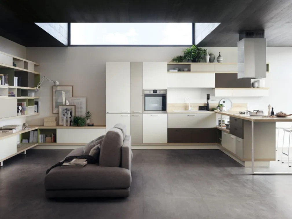 Cucina Moderna Foodshelf Bianco Puro Grigio Gabbiano e Grigio Terra di Scavolini