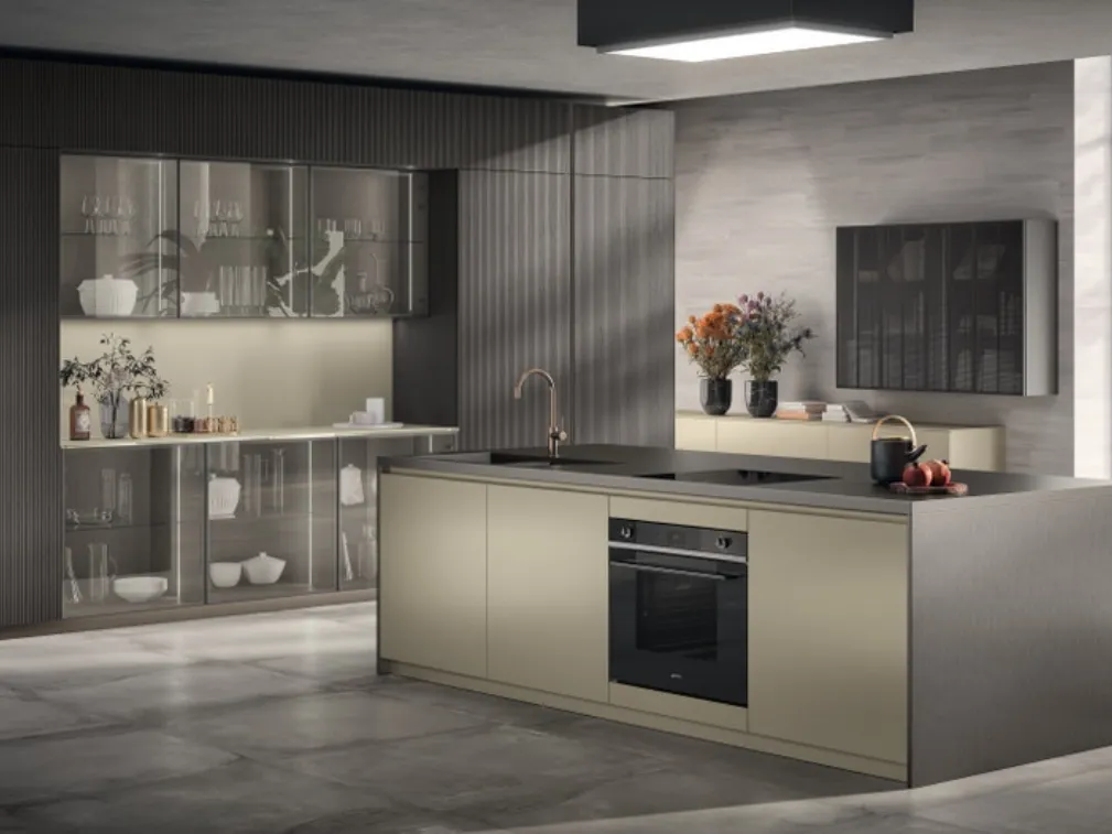 Cucina Moderna Libra in laccato lucido Perlage e Rovere Pepper di Scavolini