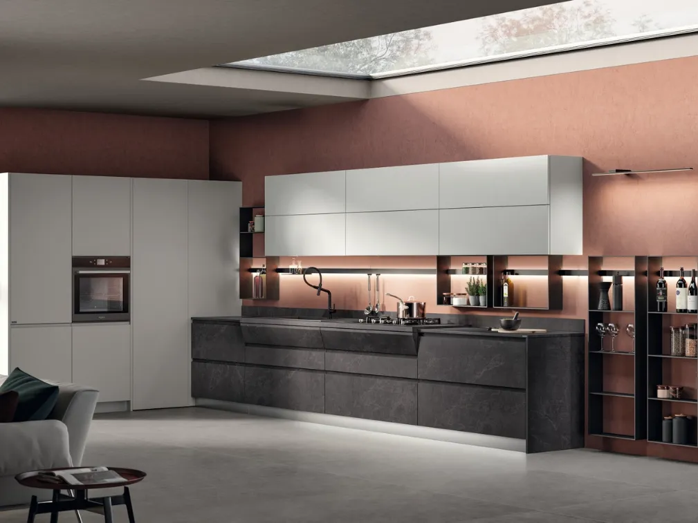 Cucina Moderna Motus in decorativo Pietra Abyss e laccato Grigio Airone di Scavolini