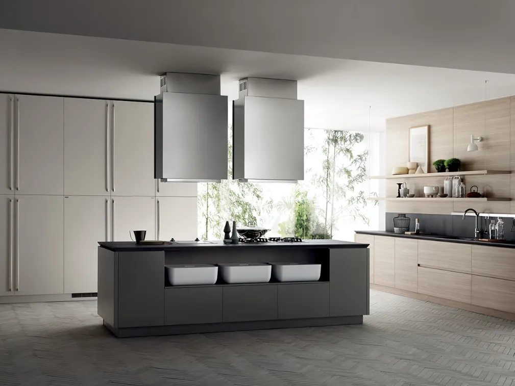 Cucina Moderna Qi Qi in laccato Grigio Titanio, Grigio Chiaro e Olmo Hono di Scavolini