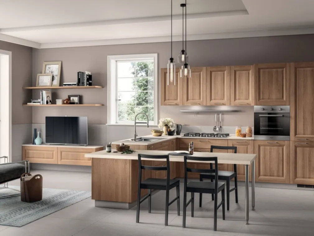 Cucina su misura angolare con penisola Family in decorativo Rovere Azteco di Scavolini