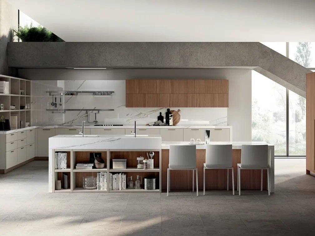 Cucina su misura Mood 10 in laccato Tortora e Noce Tussah di Scavolini