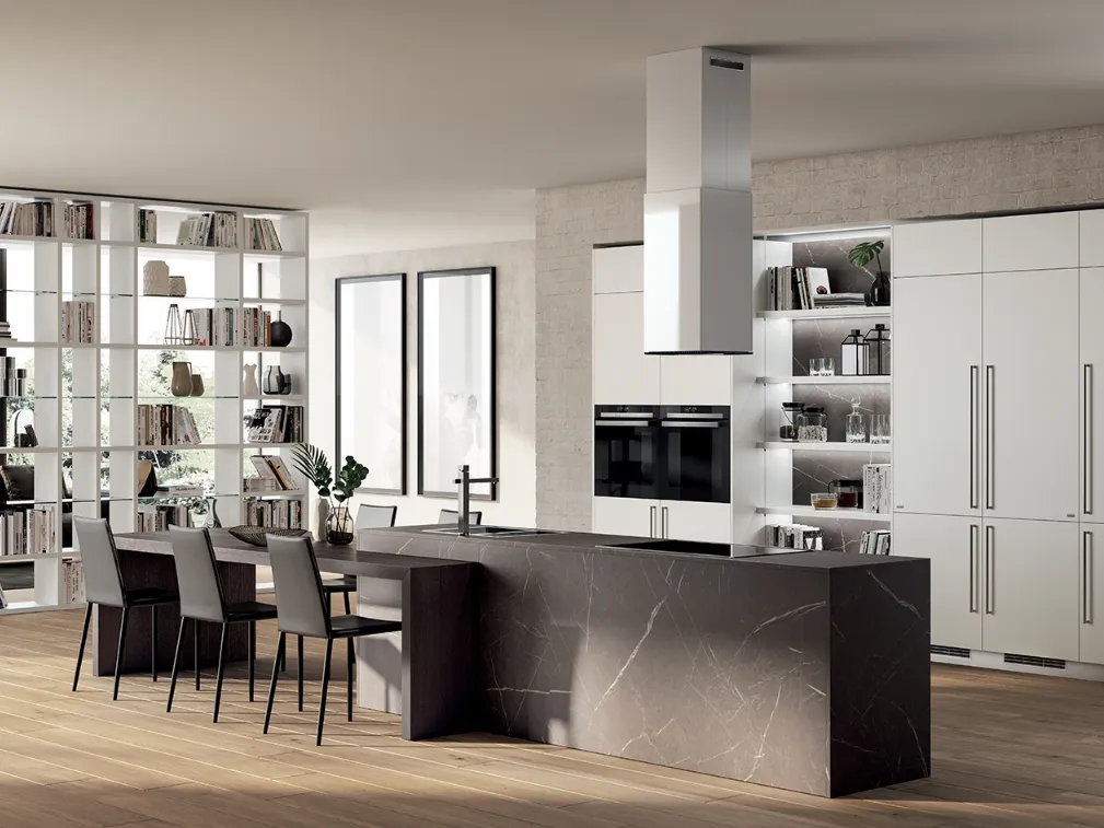 Cucina su misura Mood in Pietra Grey e Bianco Puro di Scavolini